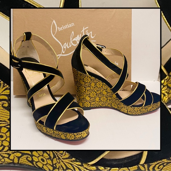 CHRISTIAN LOUBOUTIN Paris Black Velvet Gold Brocade Wedge Platform Shoe SZ 39 - Picture 2 of 10